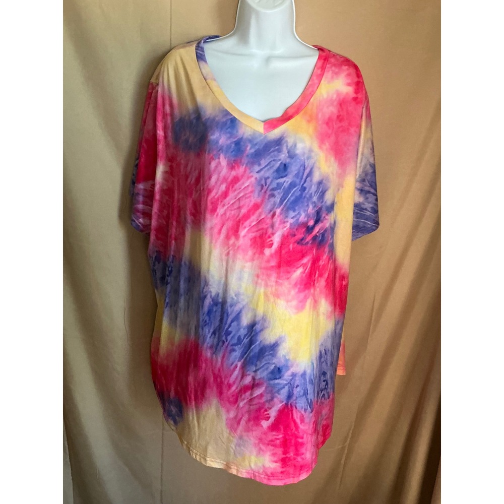 Unbranded Tie Dye T-Shirt Women 26W Multicolor V-Neck Rayon Blend Tunic Top